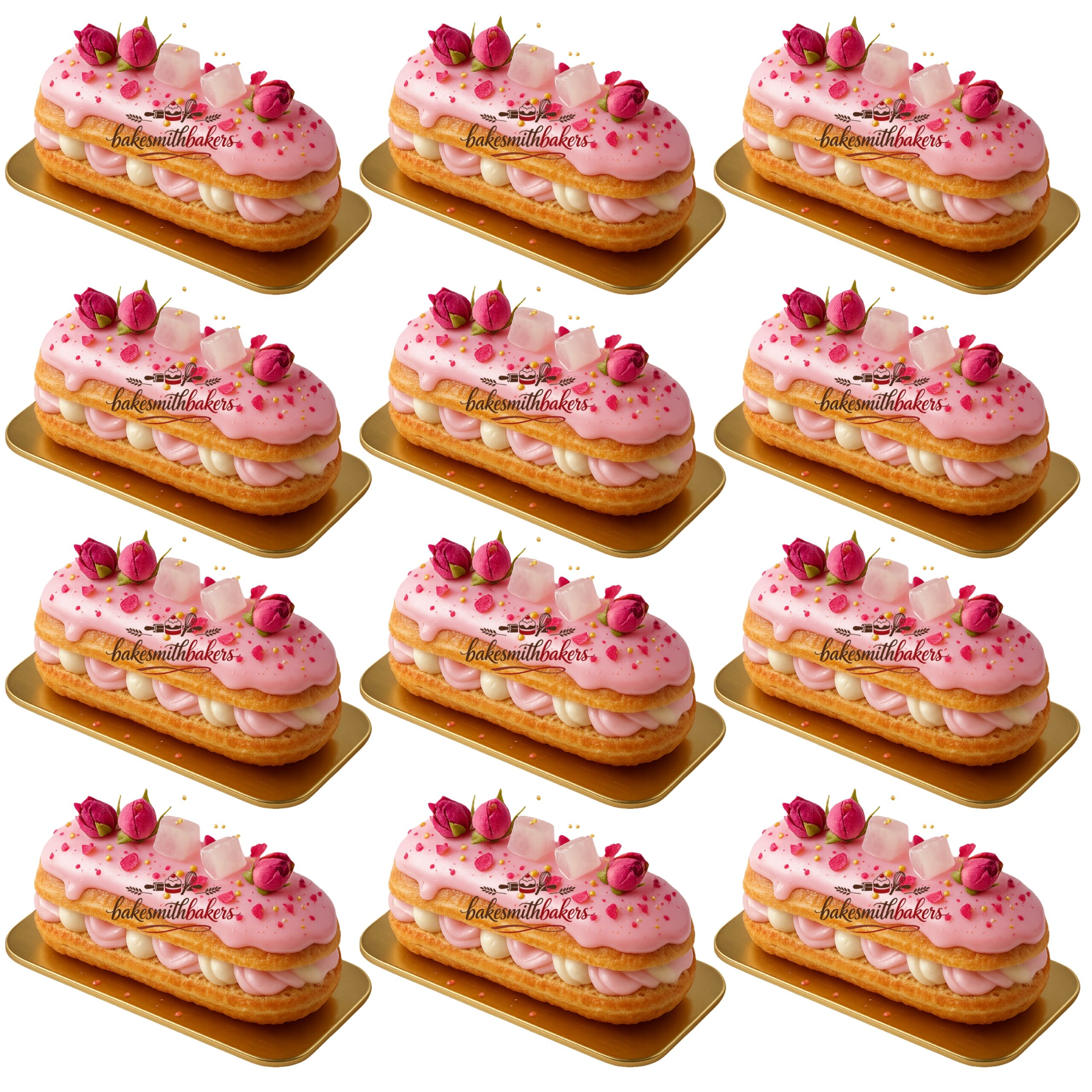 Rose Raspberry Artisan Éclair Pastry 12 pieces filled with raspberry cream and topped with rose glaze available in Lahore