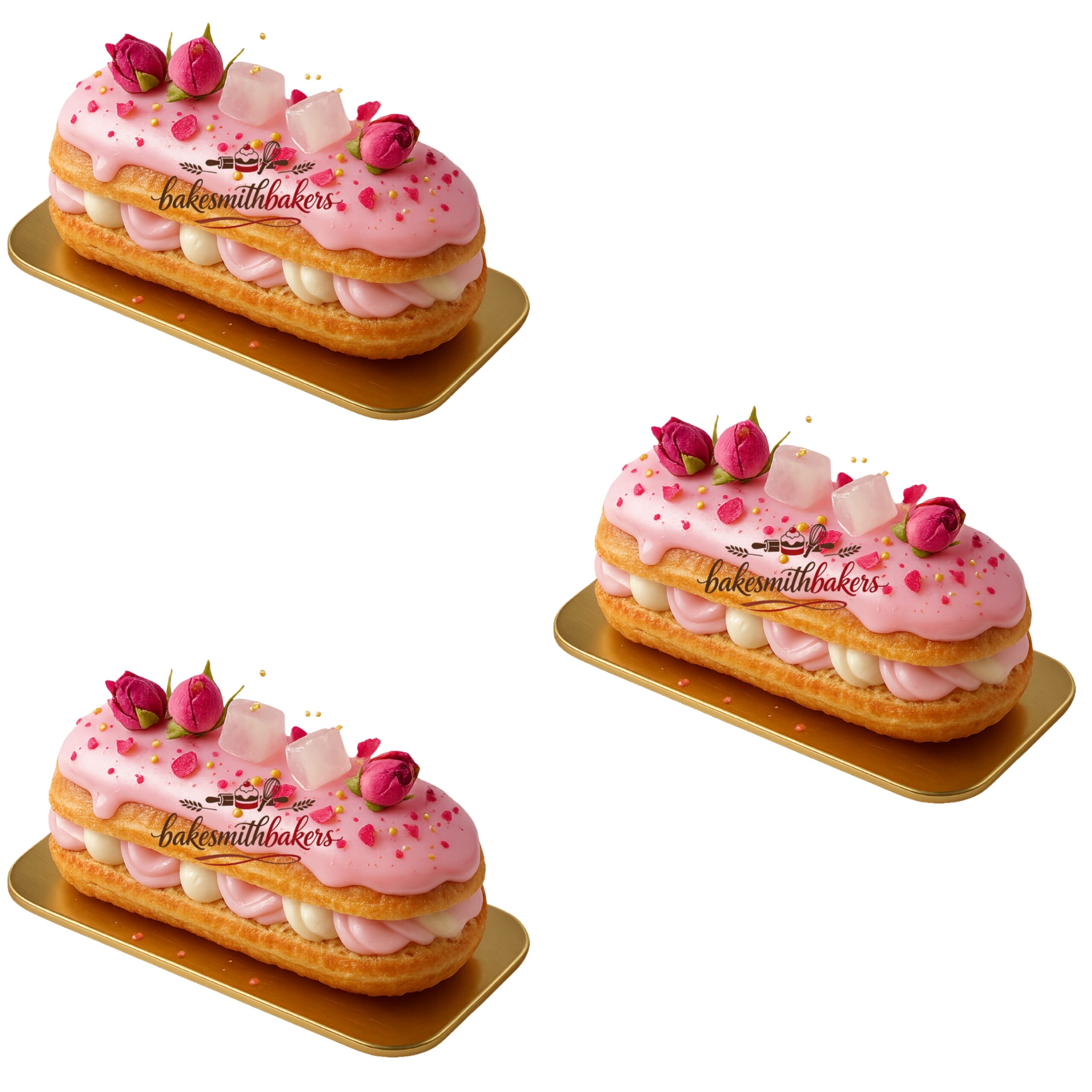 Rose Raspberry Artisan Éclair Pastry 3 pieces filled with raspberry cream and topped with rose glaze available in Lahore