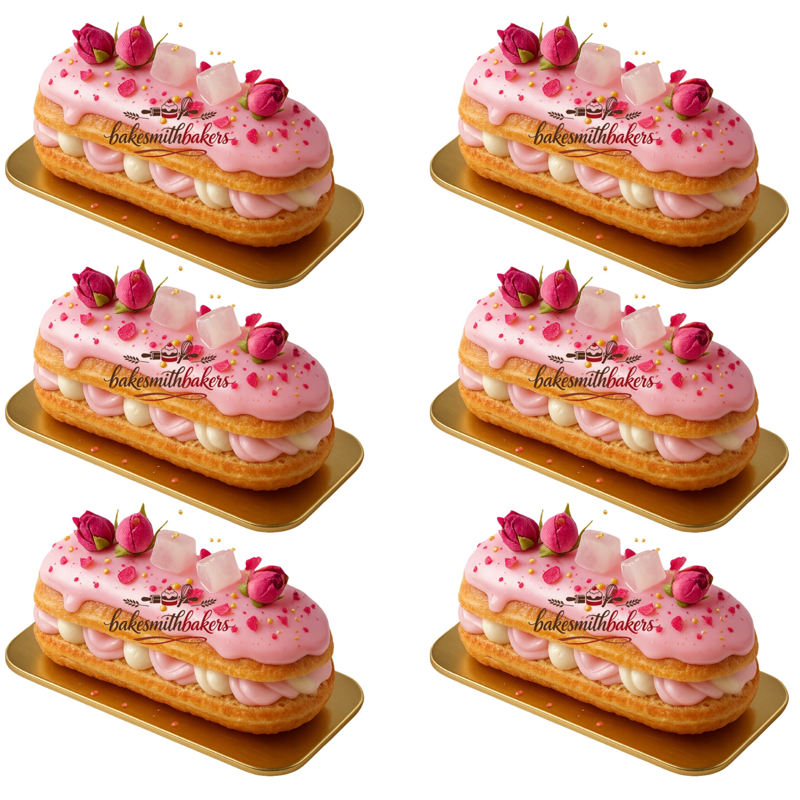 Rose Raspberry Artisan Éclair Pastry 6 pieces filled with raspberry cream and topped with rose glaze available in Lahore