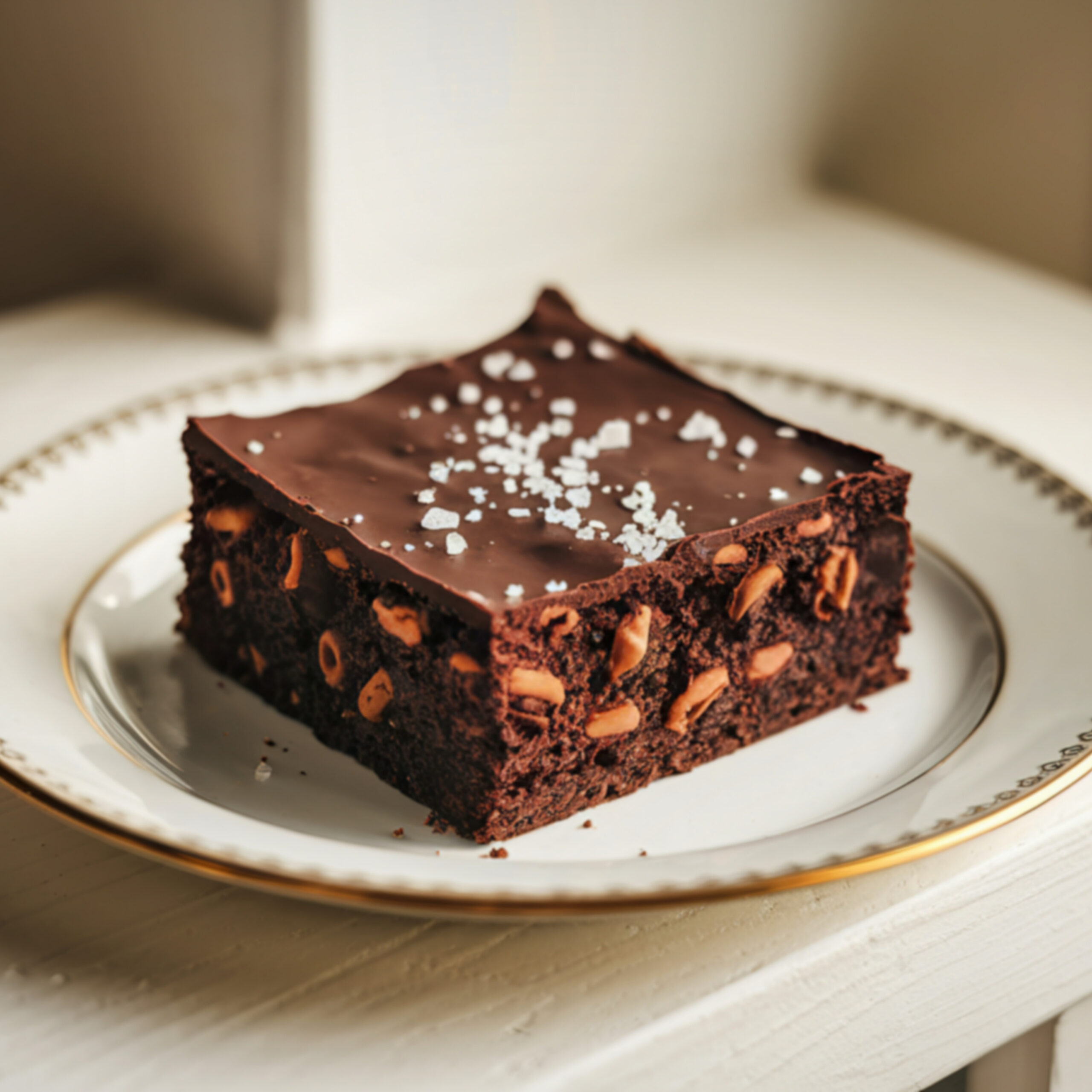 Salted Chocolate Ganache Brownie topped with rich chocolate ganache and sea salt flakes available in Lahore